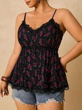 Boho Black Women's Plus Size Floral Lace Patchwork Camisole Top